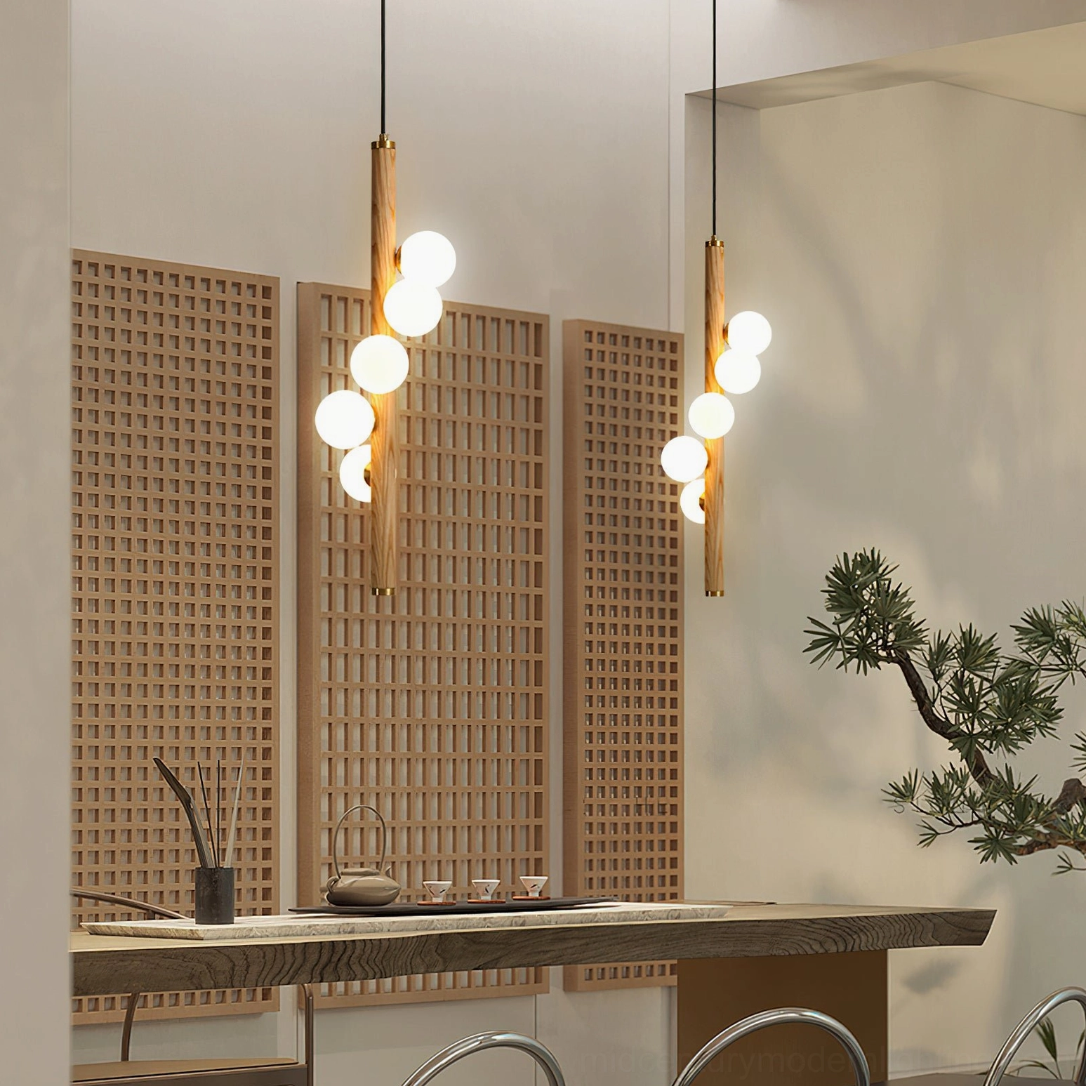 Miller pendant light in Japanese-style tea dining room, warm wood finish with illuminated glass orbs creating ambient lighting