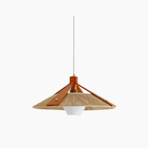 Millier hand-woven raffia pendant light with wooden frame against white studio background, showcasing conical shade design and natural beige finish