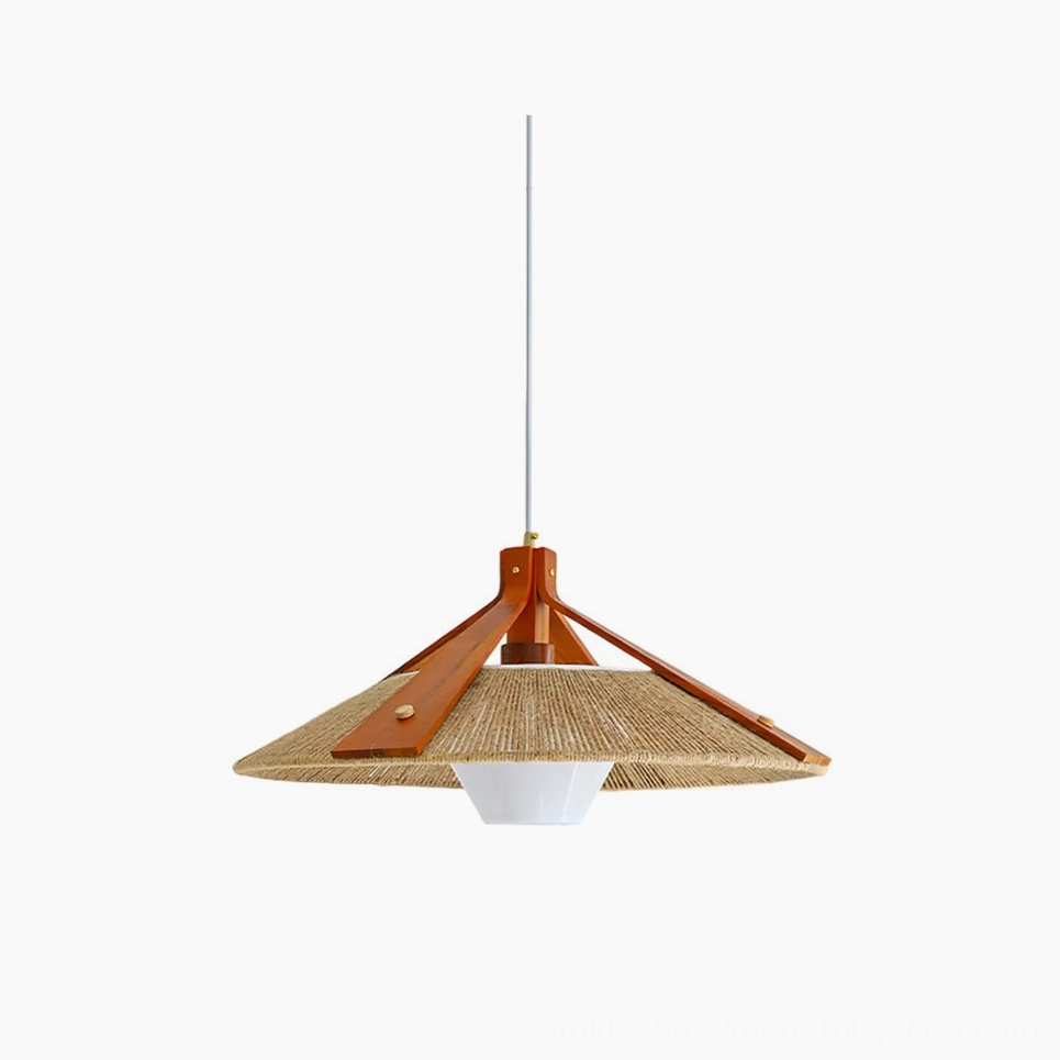 Millier hand-woven raffia pendant light with wooden frame against white studio background, showcasing conical shade design and natural beige finish