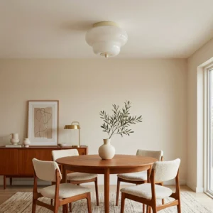 Milo mid-century ceiling mount light in neutral dining room with warm traditional home decor and warm white LED glow