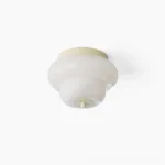 Milo flush mount ceiling light with two-tiered hand-blown opal glass shade and metal backplate, frontal product view on white background