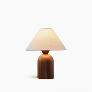 Milo Linen Table Lamp minimalist design with walnut wood base and natural linen shade front view