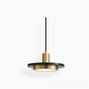 Milo marble disc pendant lamp with gold finish and dark marble in studio product view