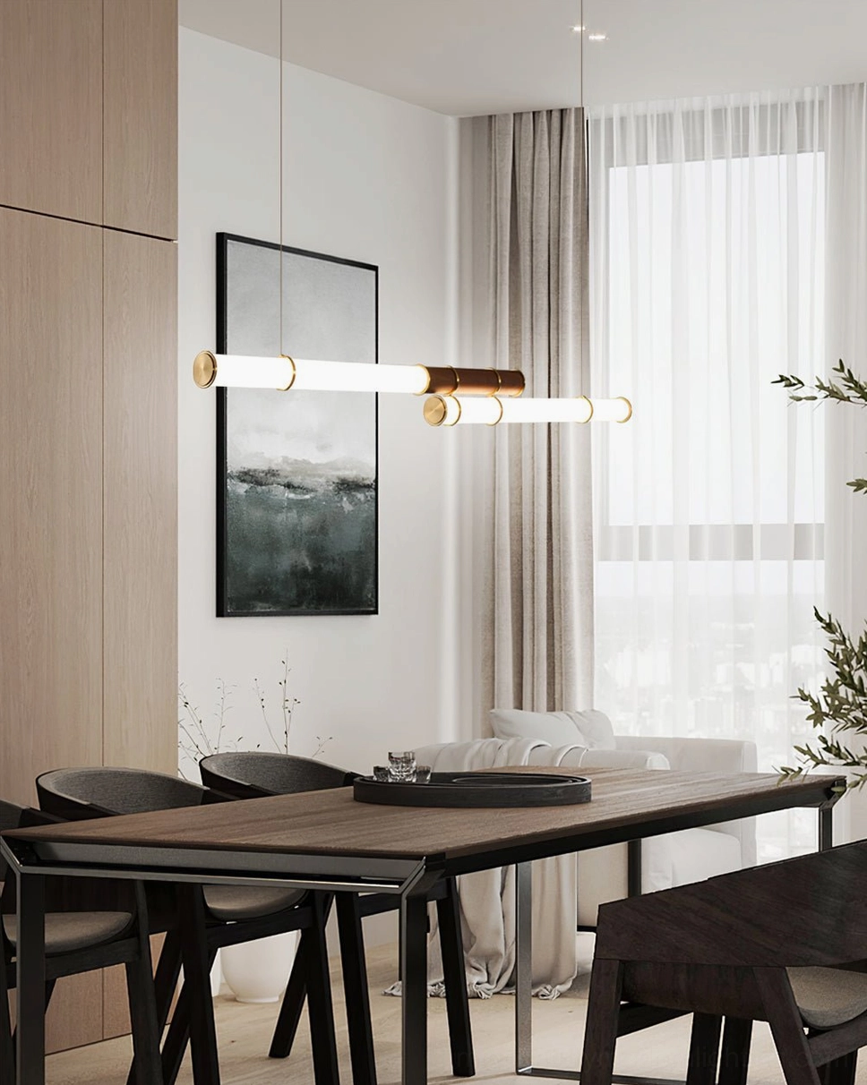 Bright contemporary dining room with floor-to-ceiling windows featuring Mini Endless Double pendant above dark wood table