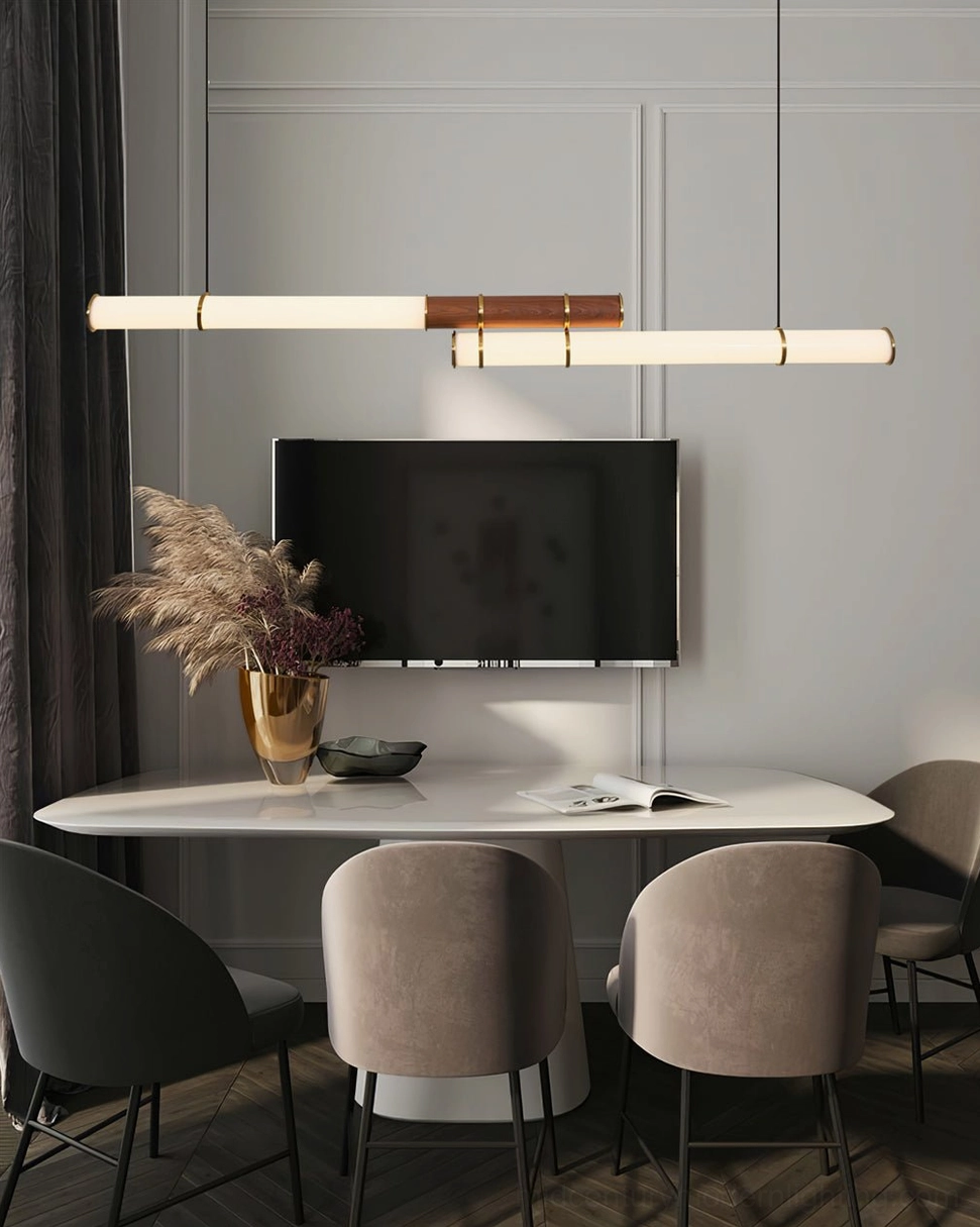 Modern dining room with Mini Endless Double pendant light and feature wall, warm neutral contemporary interior design