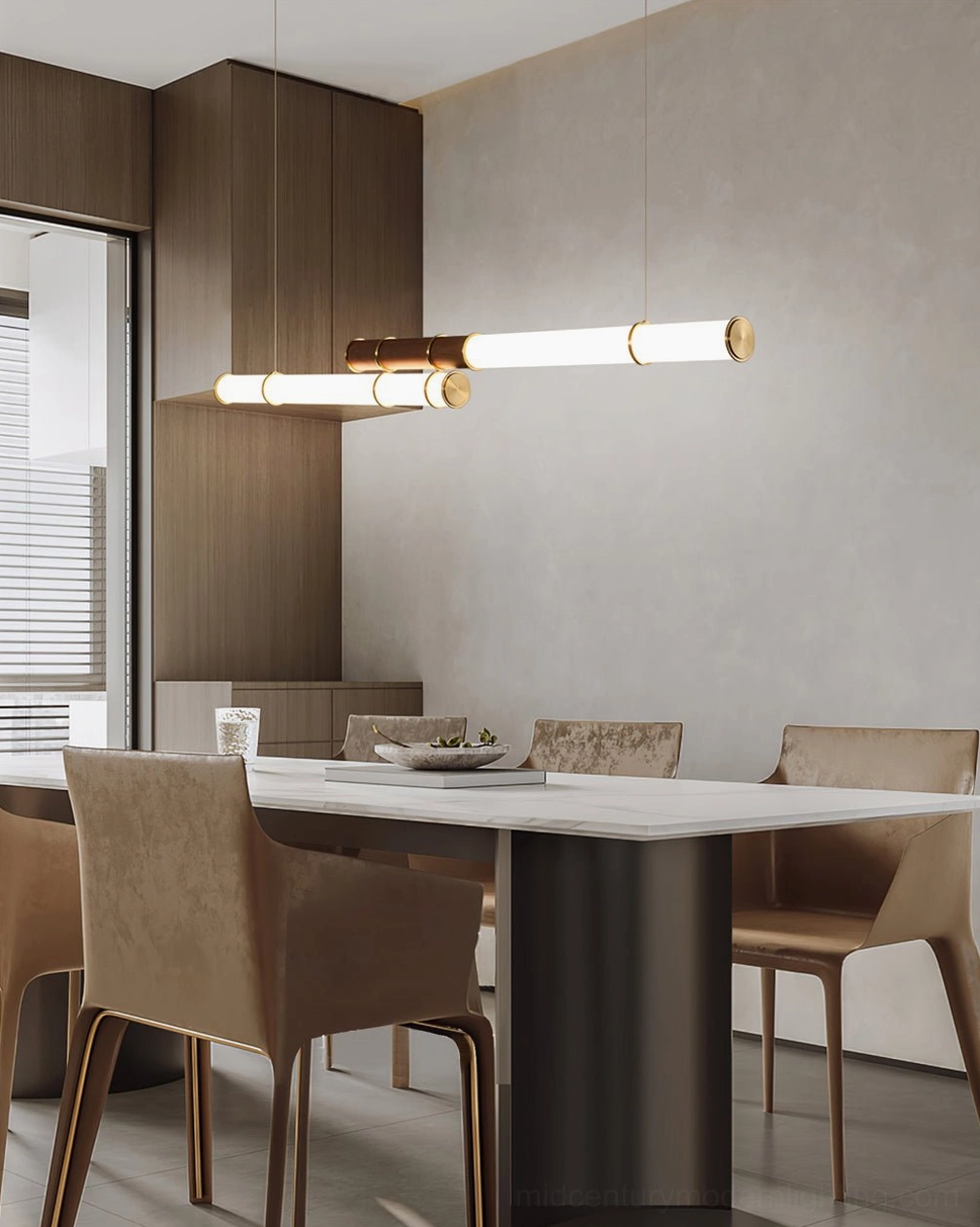 Casual kitchen dining nook with Mini Endless Double pendant suspended above rectangular white dining table