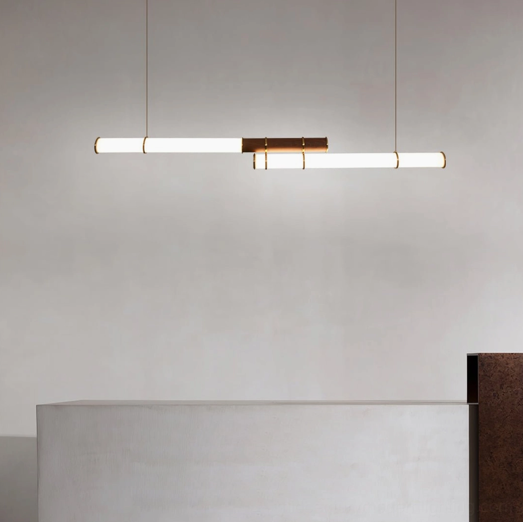 Mini Endless Double pendant walnut finish and gold accent close-up material and craftsmanship detail