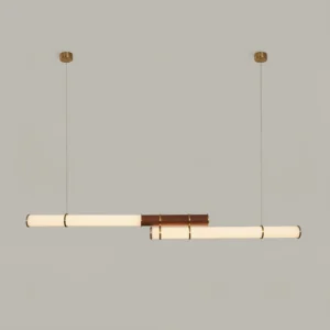 Mini Endless Double pendant light front view displaying brass ceiling mount and wood joinery details with modern minimalist design