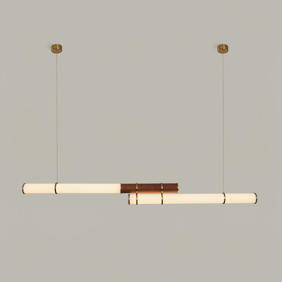 Mini Endless Double pendant light front view displaying brass ceiling mount and wood joinery details with modern minimalist design
