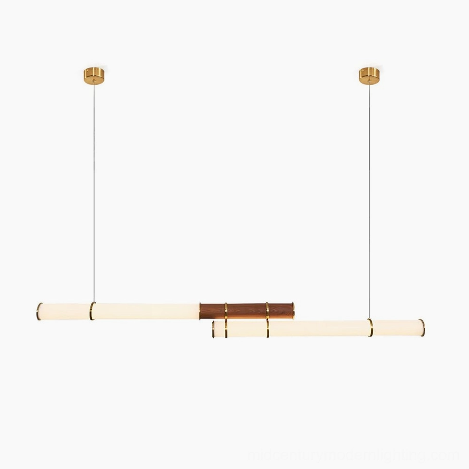 Mini Endless Double linear pendant light overhead view showing dual-branch architecture with walnut wood and gold metal accents on white background