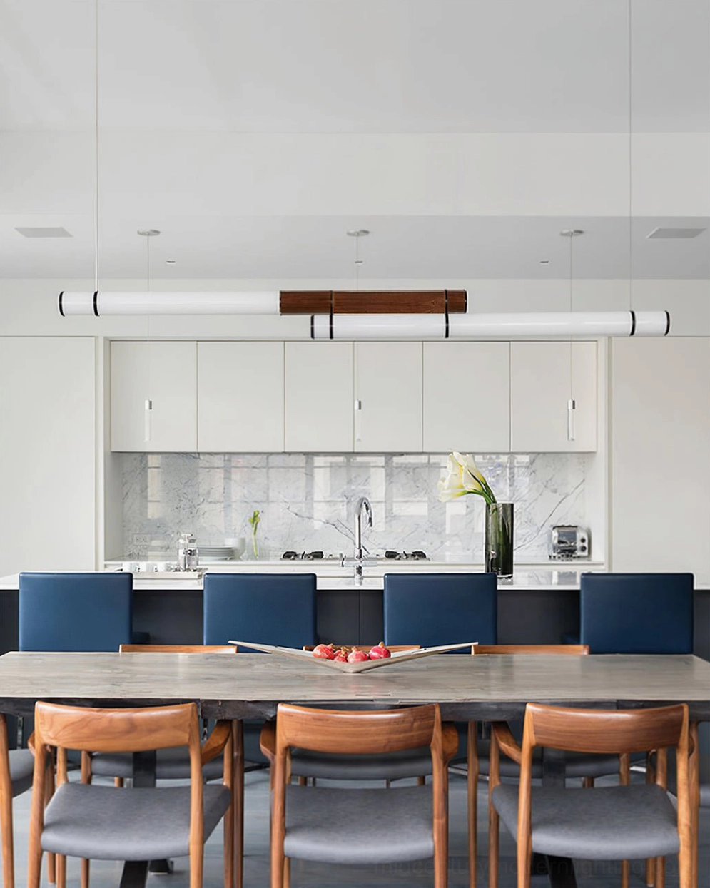 Mini Endless Double pendant light mounted in scandinavian modern interior with natural wood furnishings