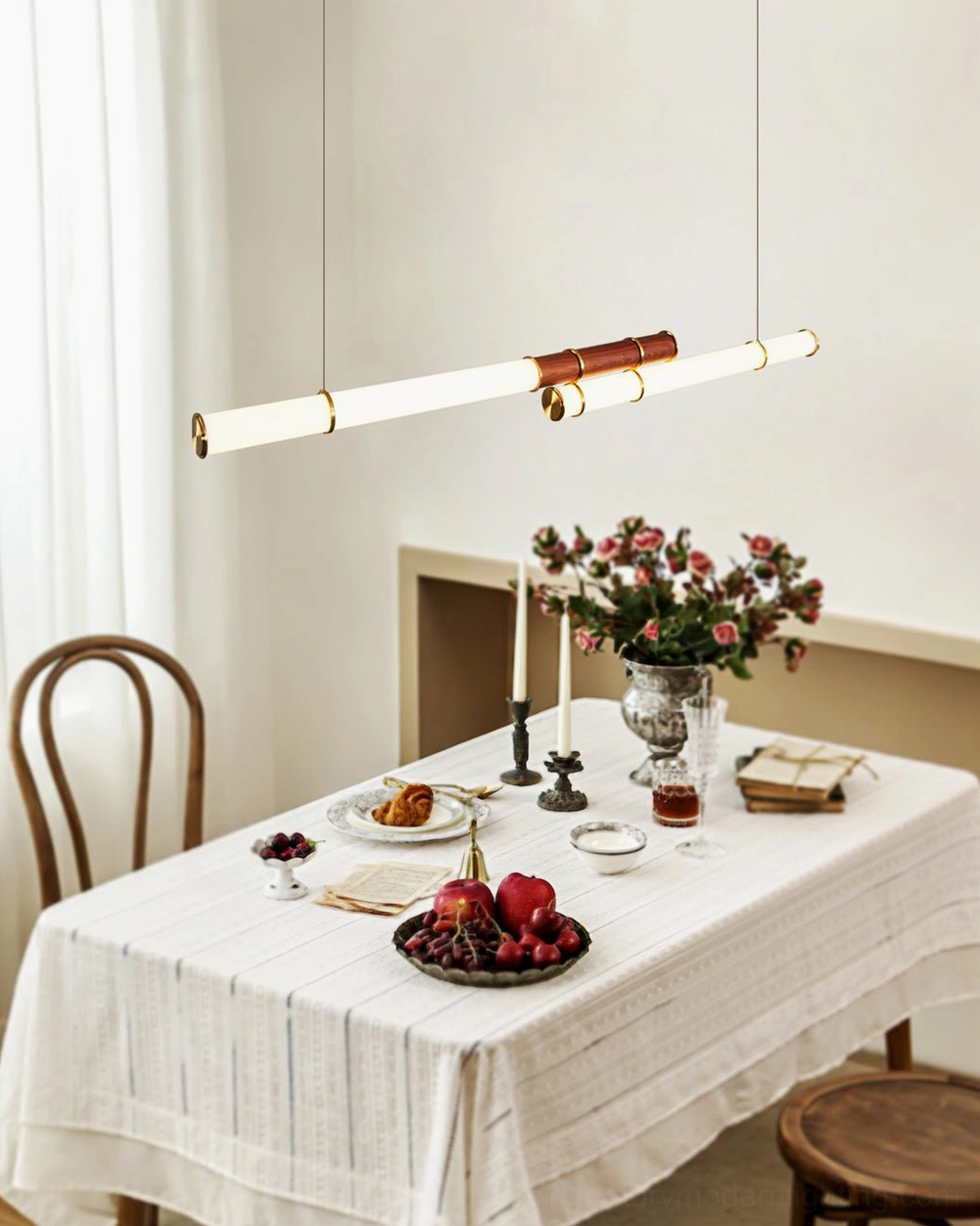 Mini Endless Double linear pendant light detailed side profile showing walnut finish and gold hardware