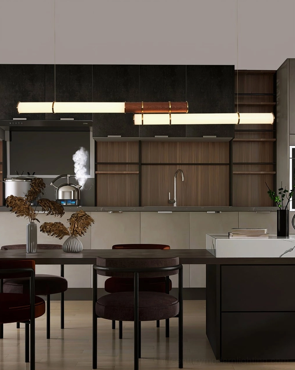 Mini Endless Double pendant light three-quarter view highlighting wood joinery and metal junction details