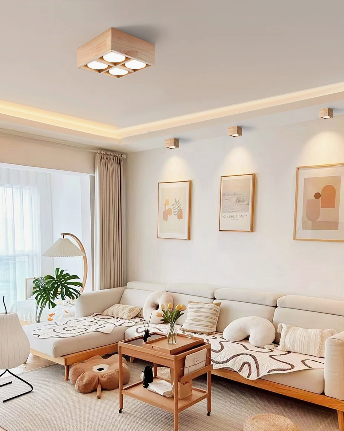 Small square wooden ceiling lamp mounted in japandi style living room with fabric sofa, creating warm ambient lighting