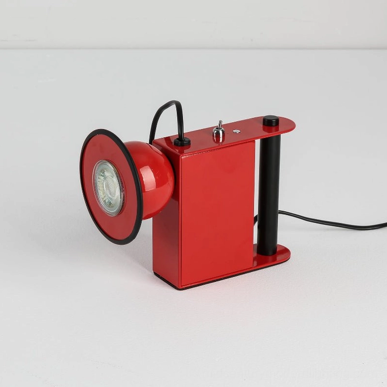 Minibox postmodern table lamp in red, full product shot with cylindrical handle and exposed control elements