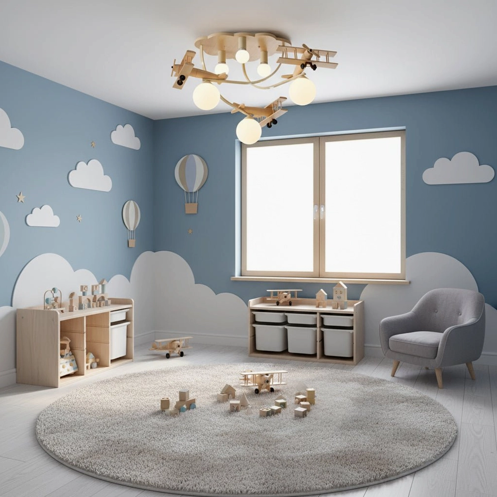Aircraft pendant lamp in minimalist kids playroom with sky-blue wall design and modern furniture