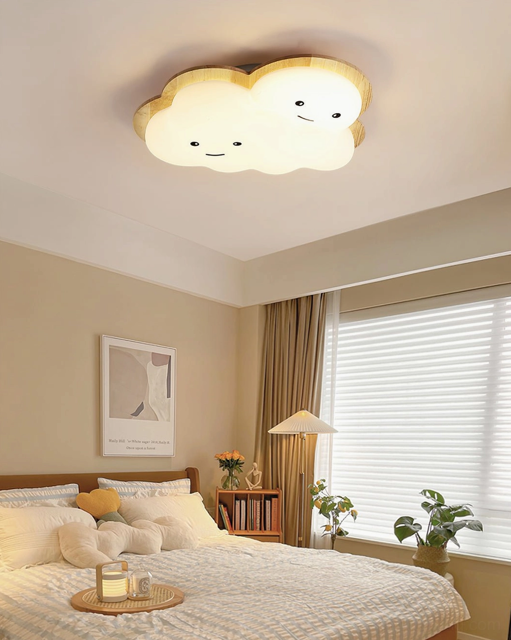 Playful cloud ceiling fixture in minimalist master bedroom with neutral tones and natural window light