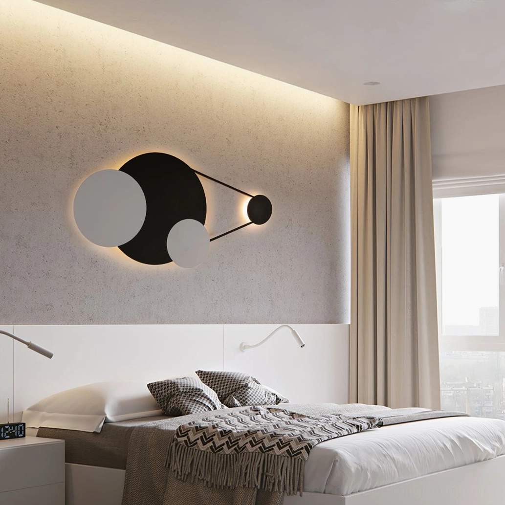 Modern bedroom with Vertical Trio wall lamp providing soft backlighting beside bed and window