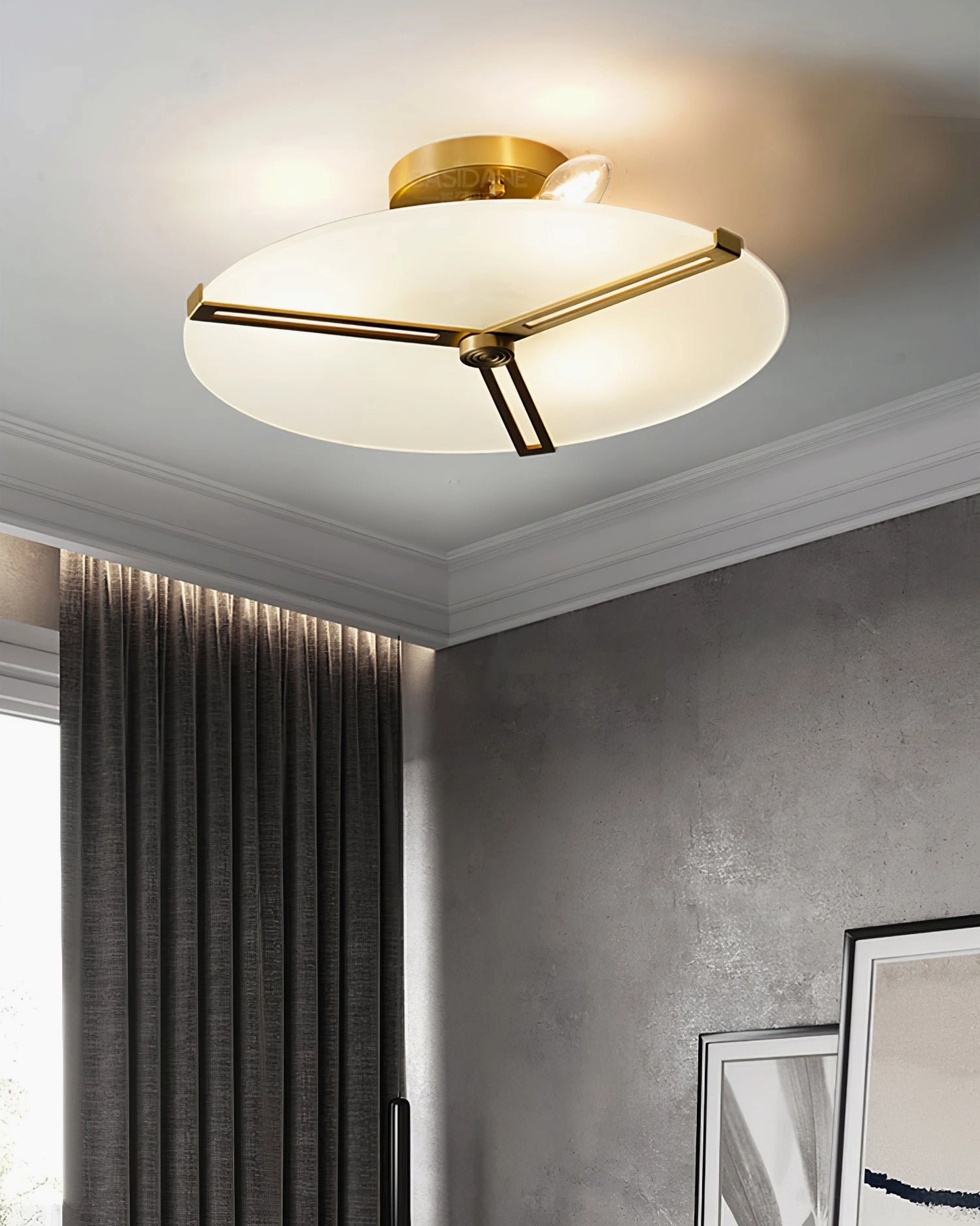 Modern minimalist ceiling lamp with gold brass finish and frosted glass shade