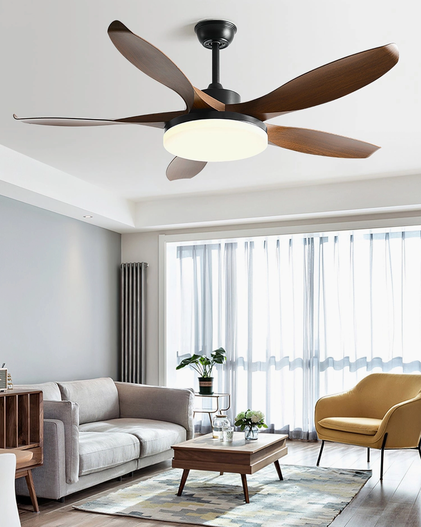 Black base walnut blade ceiling fan light in minimalist modern living room with sheer floor-to-ceiling curtains