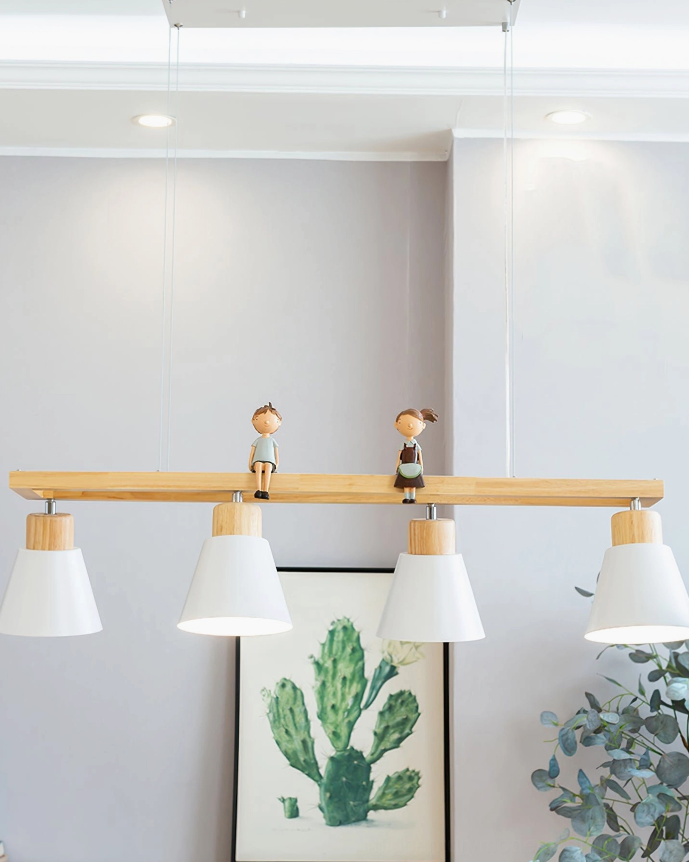 Minimalist wooden cone pendant chandelier with architectural lighting design in home interior
