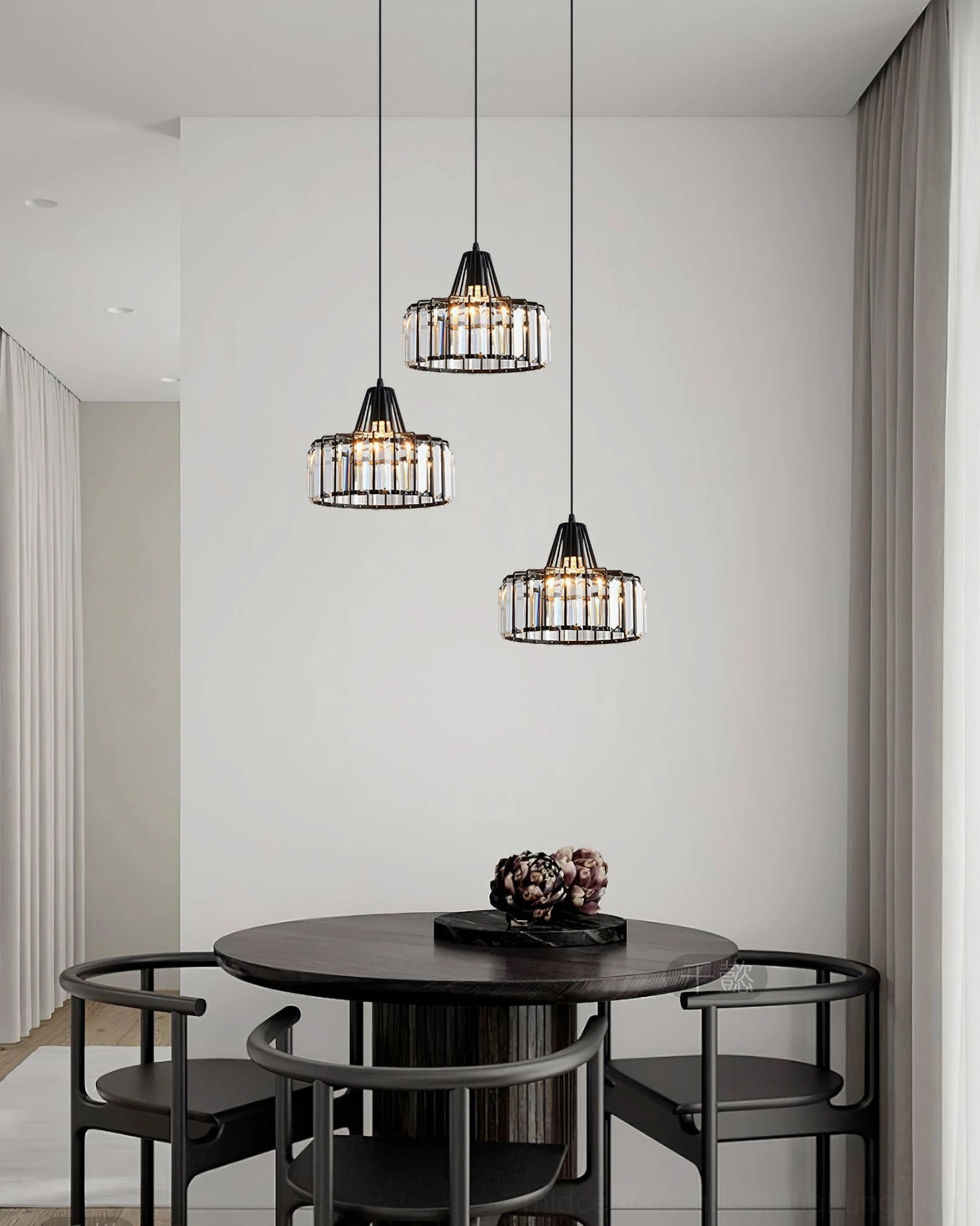 Minimalist dining room styled with crystal pendant lamp above modern dining table setup