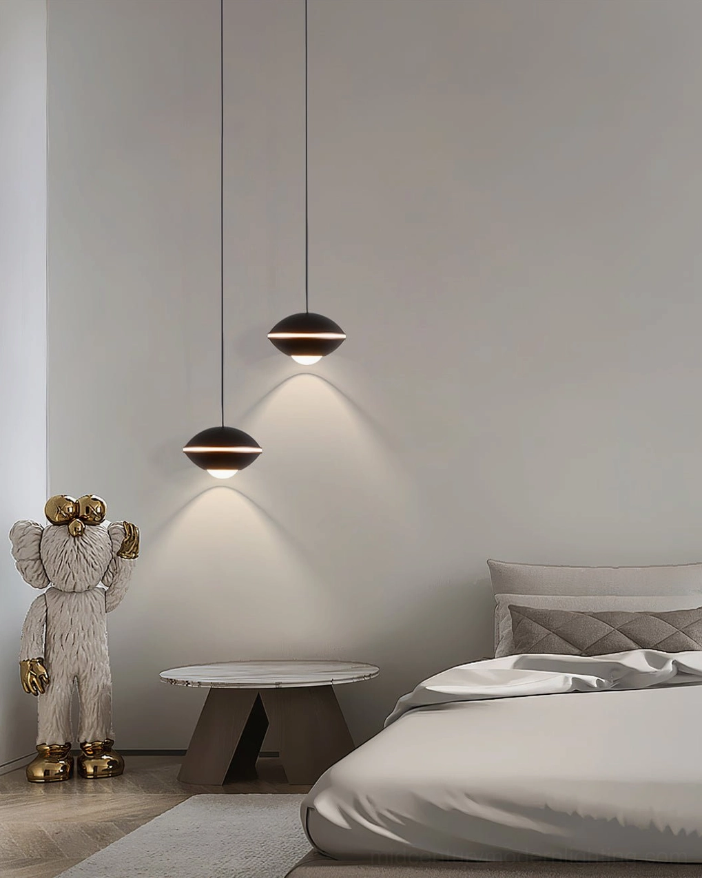 Minimalist disc pendant light fixture, contemporary modern saucer design, adjustable height