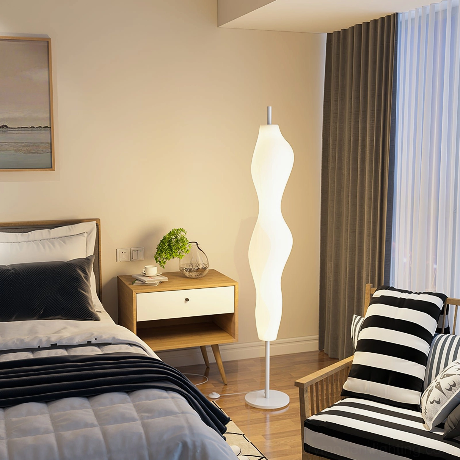 Contemporary white floor lamp in modern bedroom with city window view