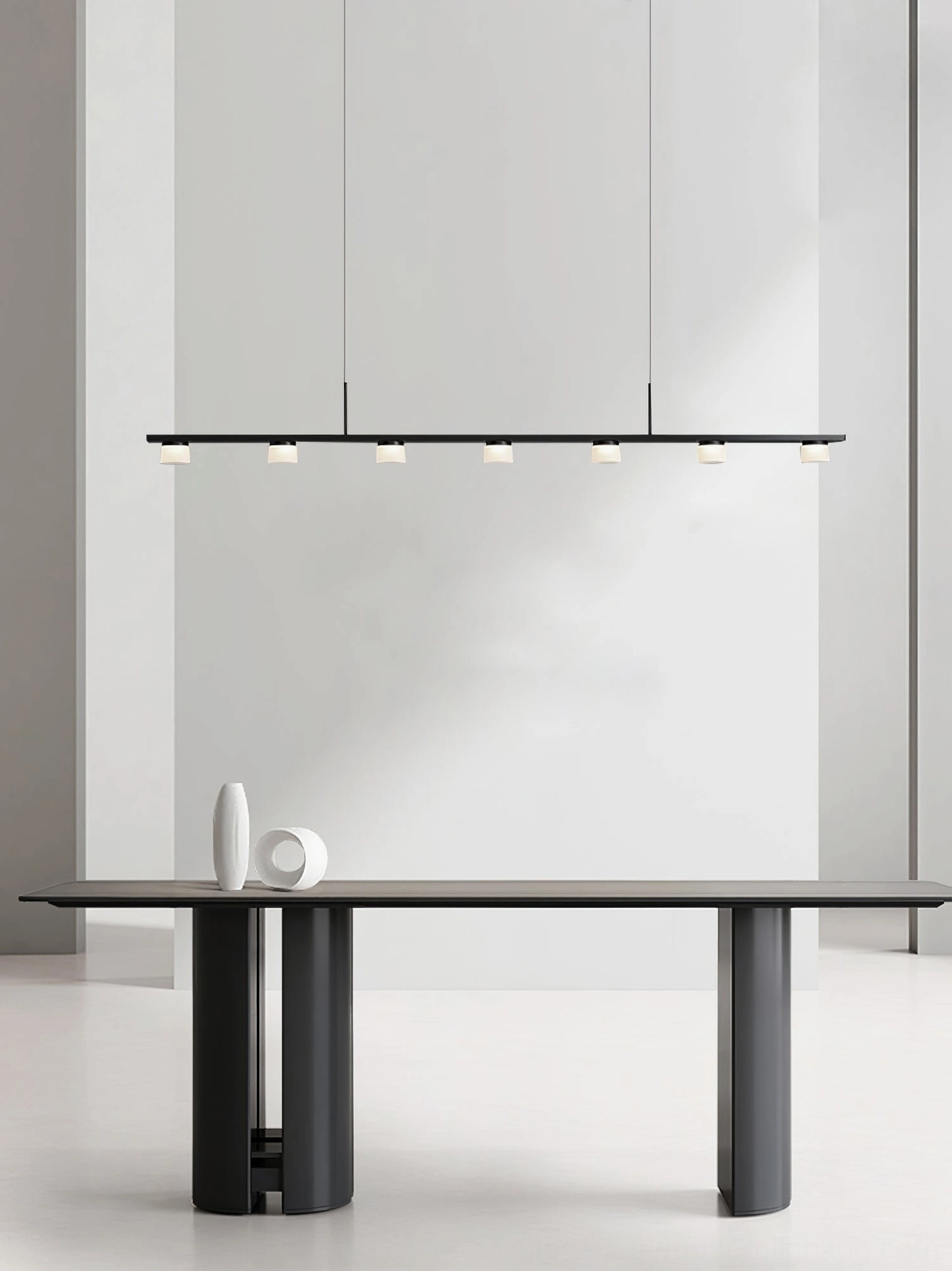 Minimalist linear ceiling pendant wide view studio setting black metal geometric light fixture