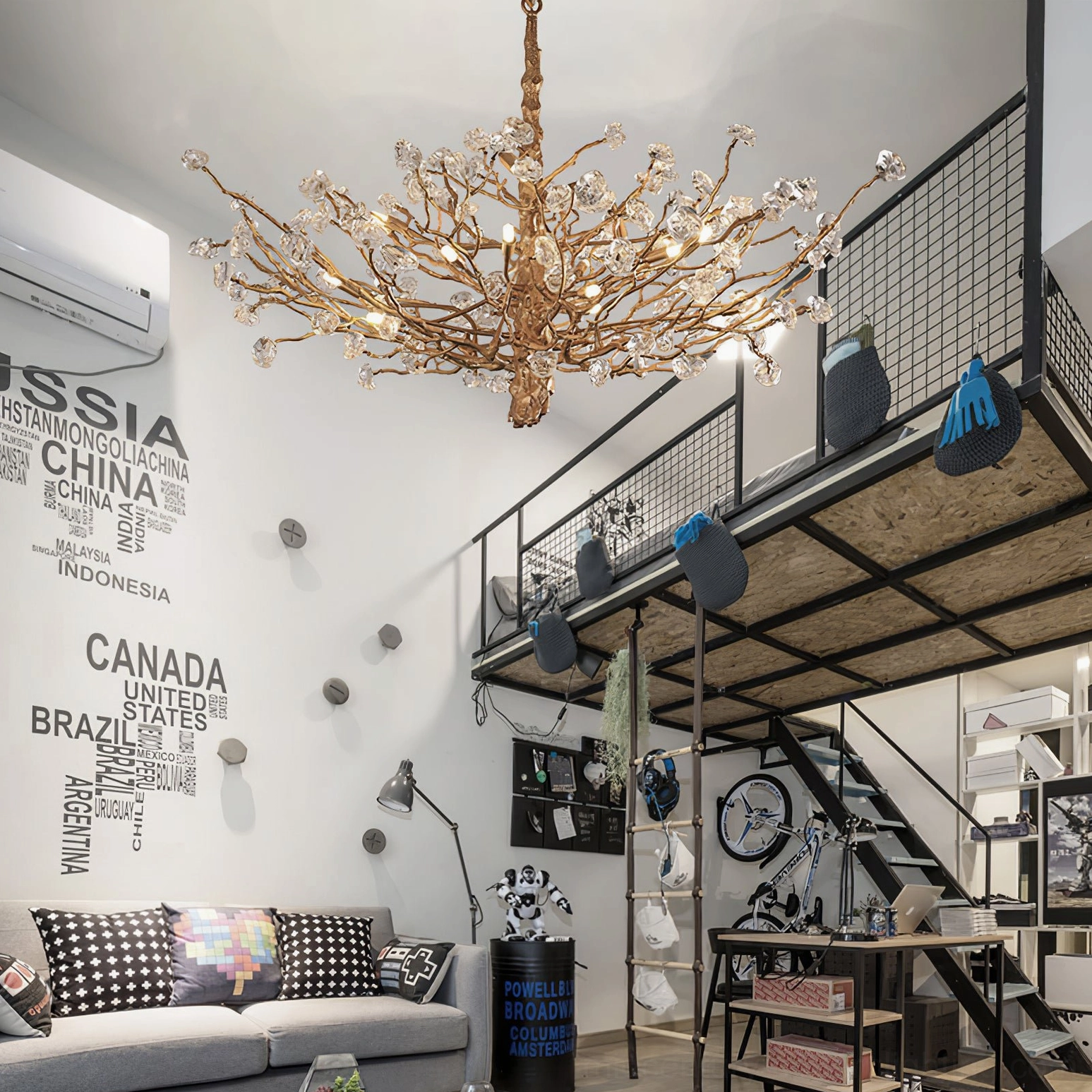 Minimalist industrial loft apartment with brass gemstone chandelier overhead contemporary aesthetic