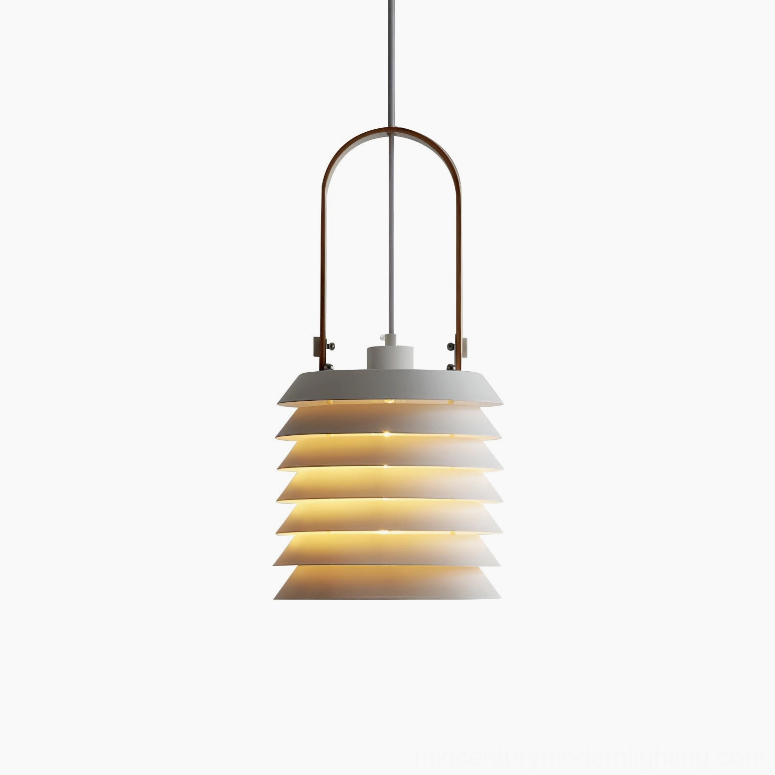 Minimalist lantern pendant lamp full view showcasing stacked metal discs design and proportions