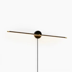 Linear minimalist plug-in wall lamp with round black base and aluminum metal rod, front view on white background