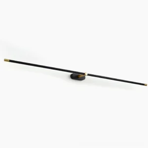 Minimalist linear rechargeable wall lamp with matte black and gold finish, front view on plain white background