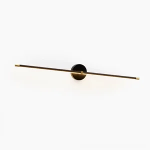 Minimalist linear wall lamp with slim metal rod design and circular mounting plate on plain white wall