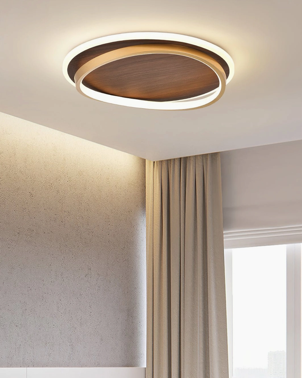 Sleek neutral-toned LED ceiling lamp in simple bedroom with large window, minimalist Scandinavian lighting solution