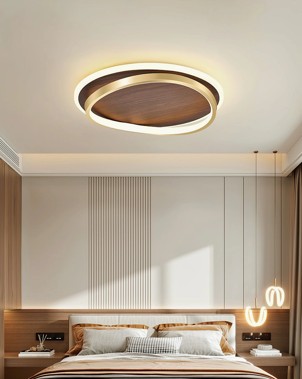 Minimalist Nordic ceiling light fixture with dual-ring LED design, gold and walnut finish modern bedroom installation