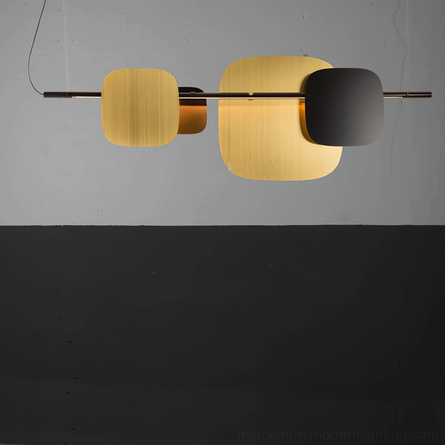 Modern minimalist rounded square pendant chandelier with decorative metal finish on neutral background