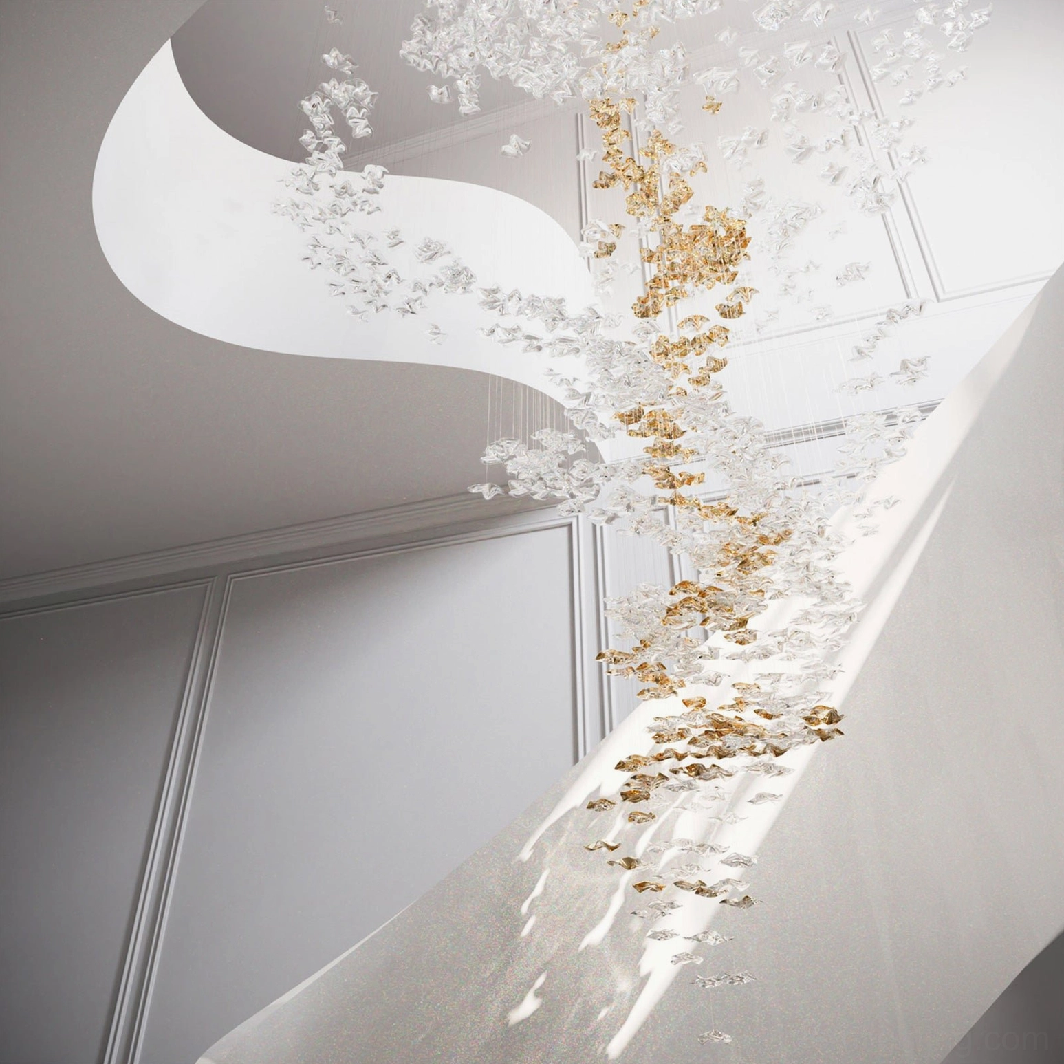 Fluid glass chandelier with refined minimalist round canopy contemporary interior design