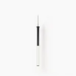 Stick LED pendant light with tapered black metal canopy and frosted white acrylic shade, side frontal studio view