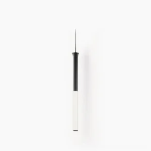 Stick LED pendant light with tapered black metal canopy and frosted white acrylic shade, side frontal studio view