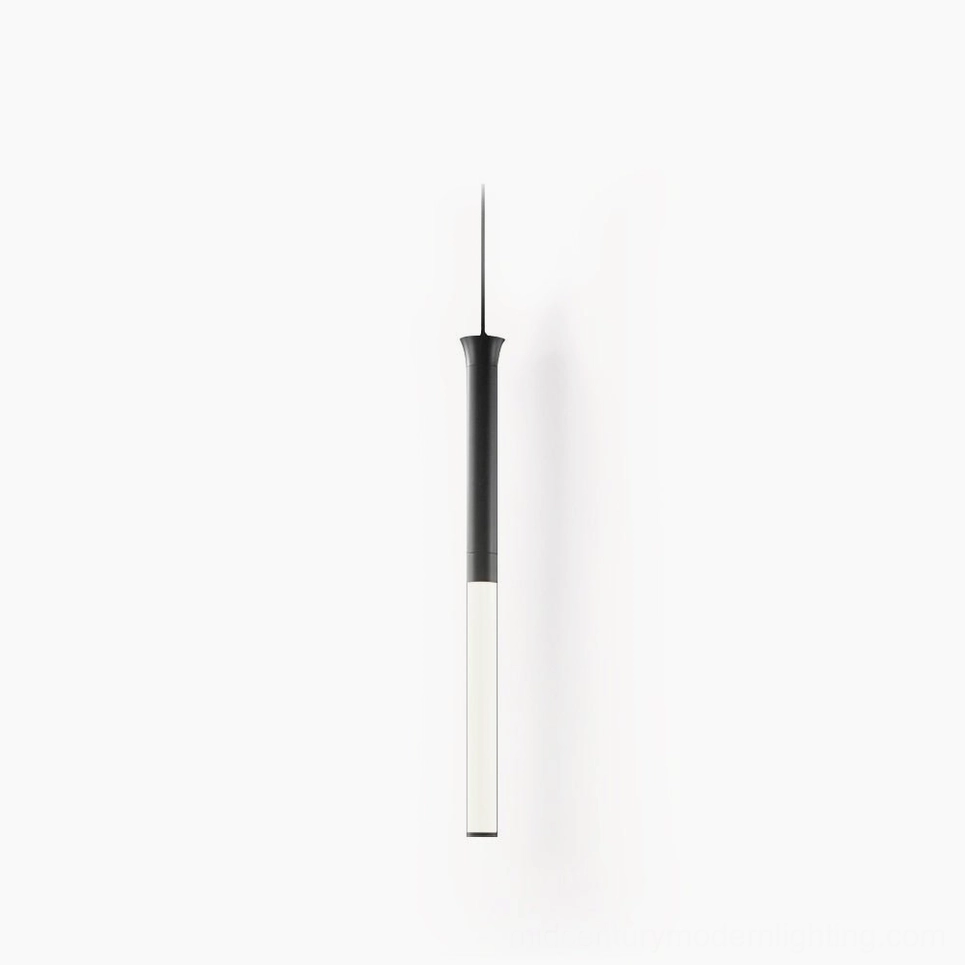 Stick LED pendant light with tapered black metal canopy and frosted white acrylic shade, side frontal studio view