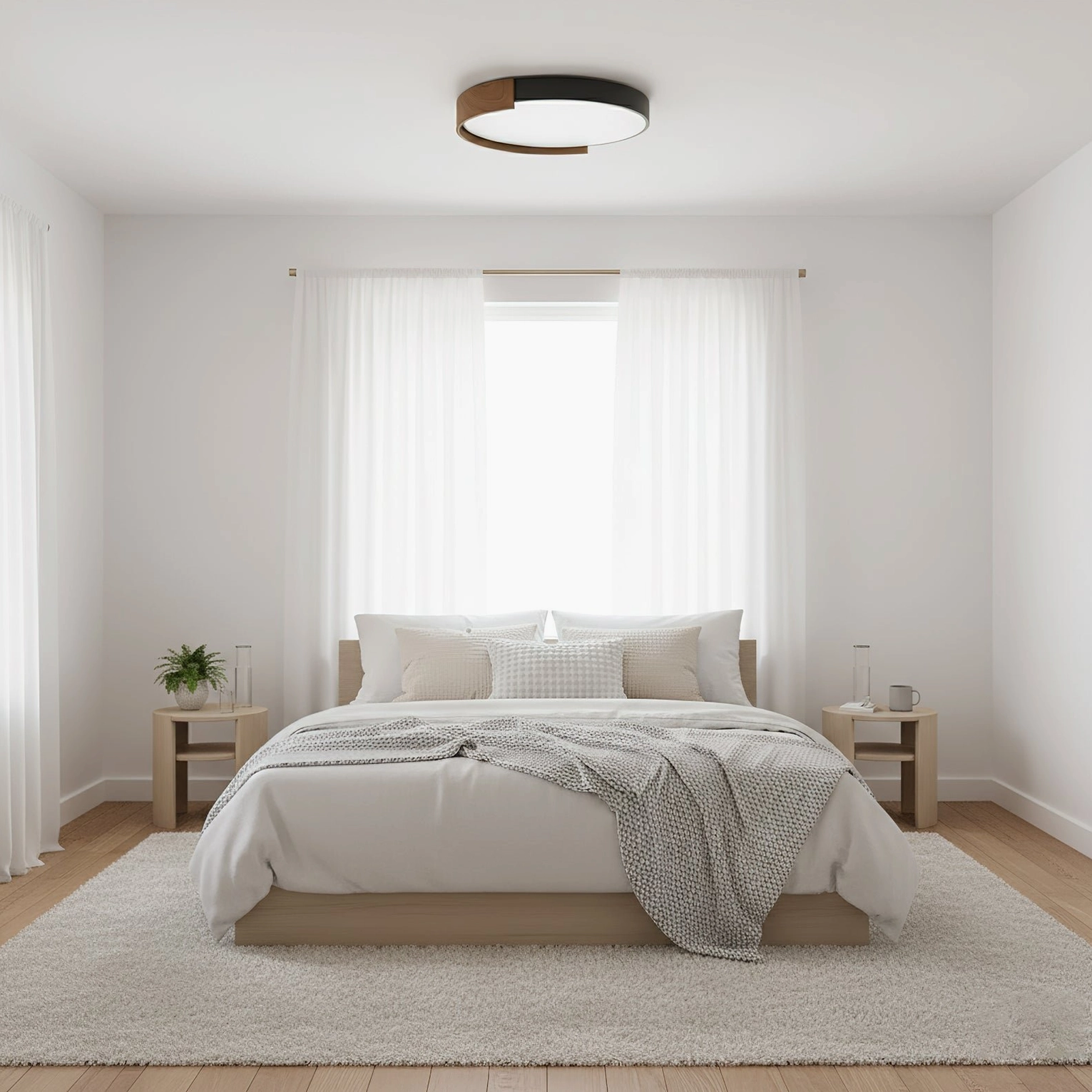 Minimalist modern warm LED ceiling light fixture in simple bright bedroom