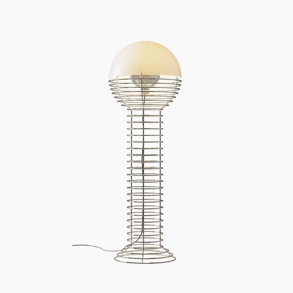 Minimalist wire floor lamp with chrome finish and white hemispherical shade, complete product view mid-century modern