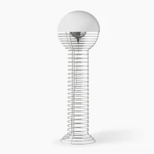 Minimalist wire floor lamp with spherical white shade on pure white background, mid-century modern design with chrome-plated steel frame