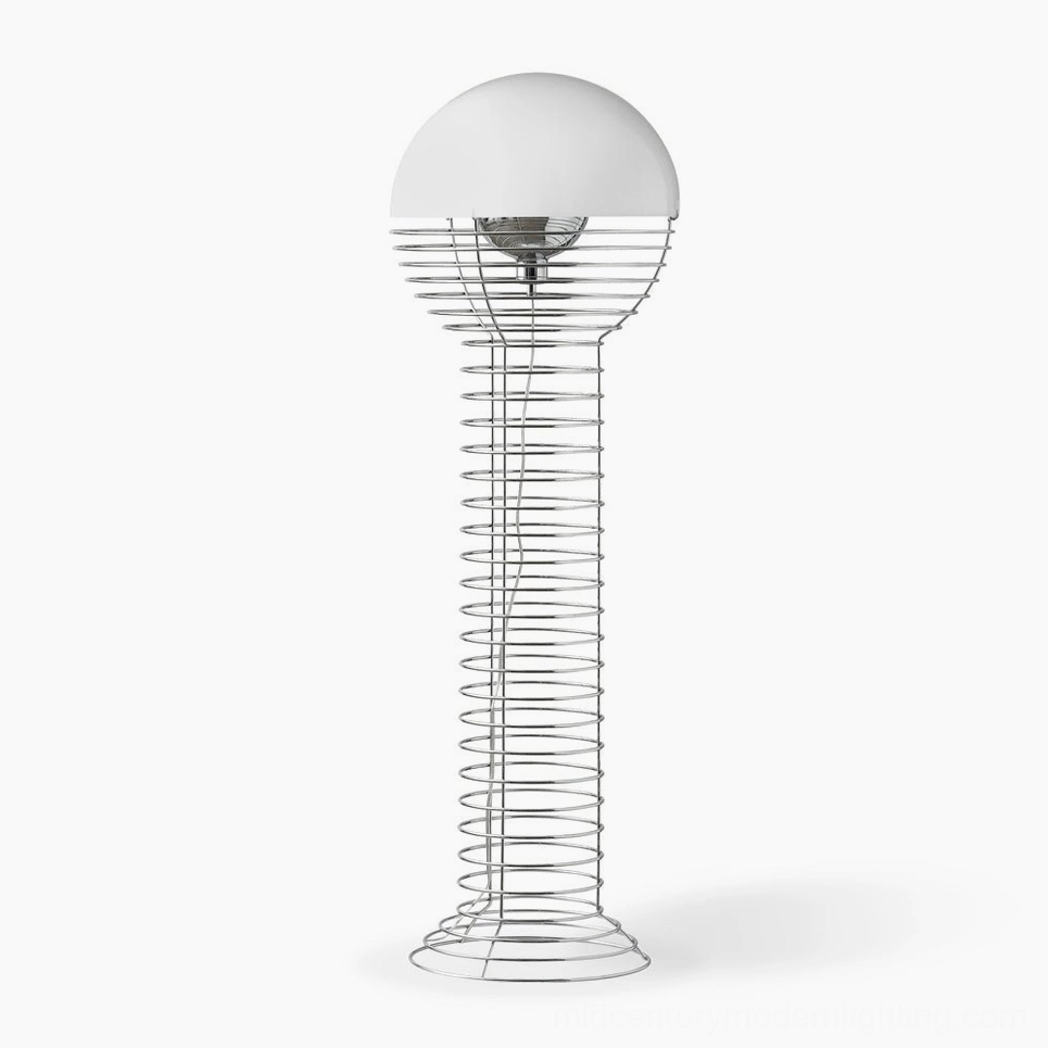Minimalist wire floor lamp with spherical white shade on pure white background, mid-century modern design with chrome-plated steel frame