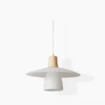 Minimalist two-tone pendant light with frosted white glass shade and natural rubber wood cap, studio shot on white background