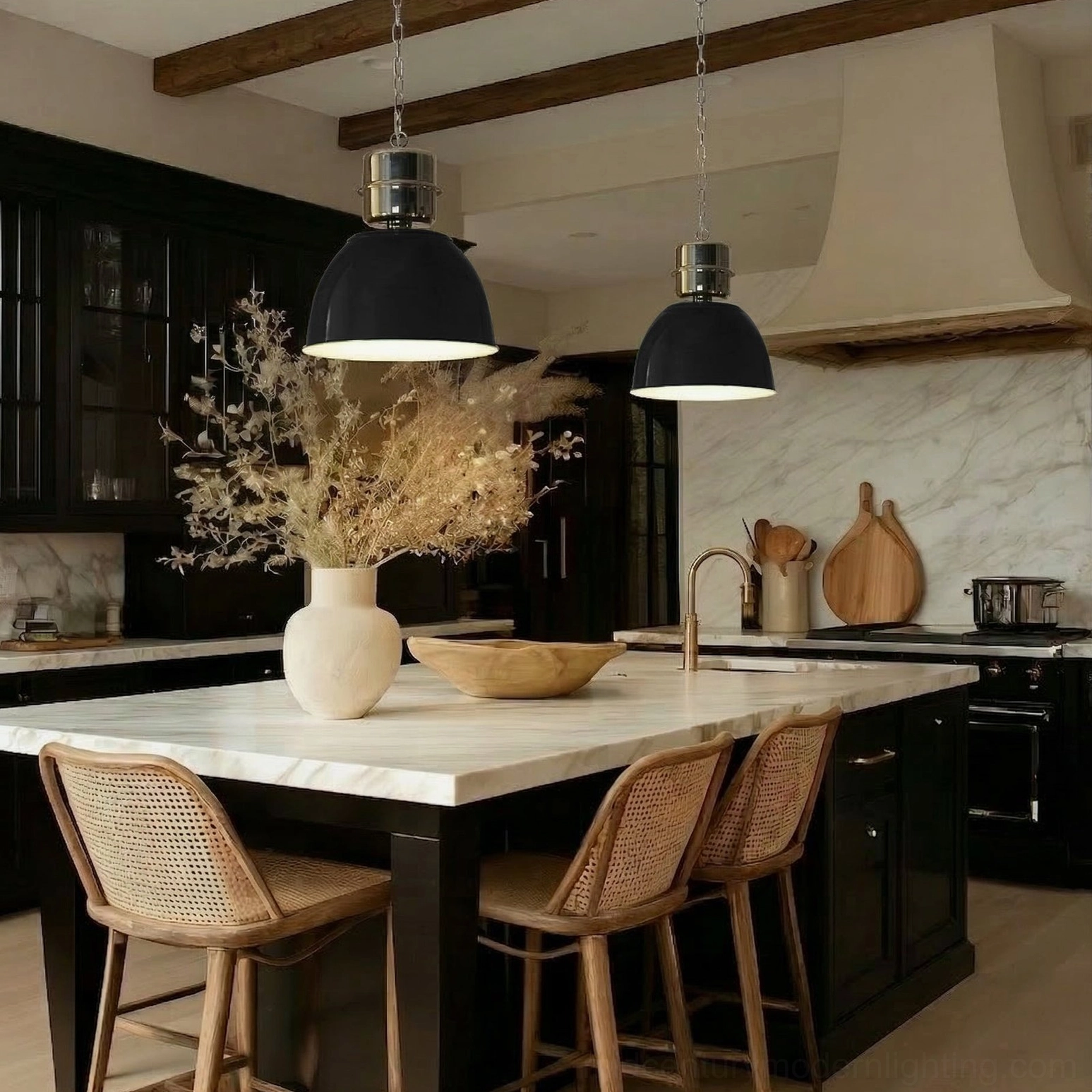 Black Minisol pendant lamps over modern farmhouse kitchen island with woven bar stools