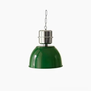 Minisol industrial pendant lamp green shade front view with polished nickel hardware