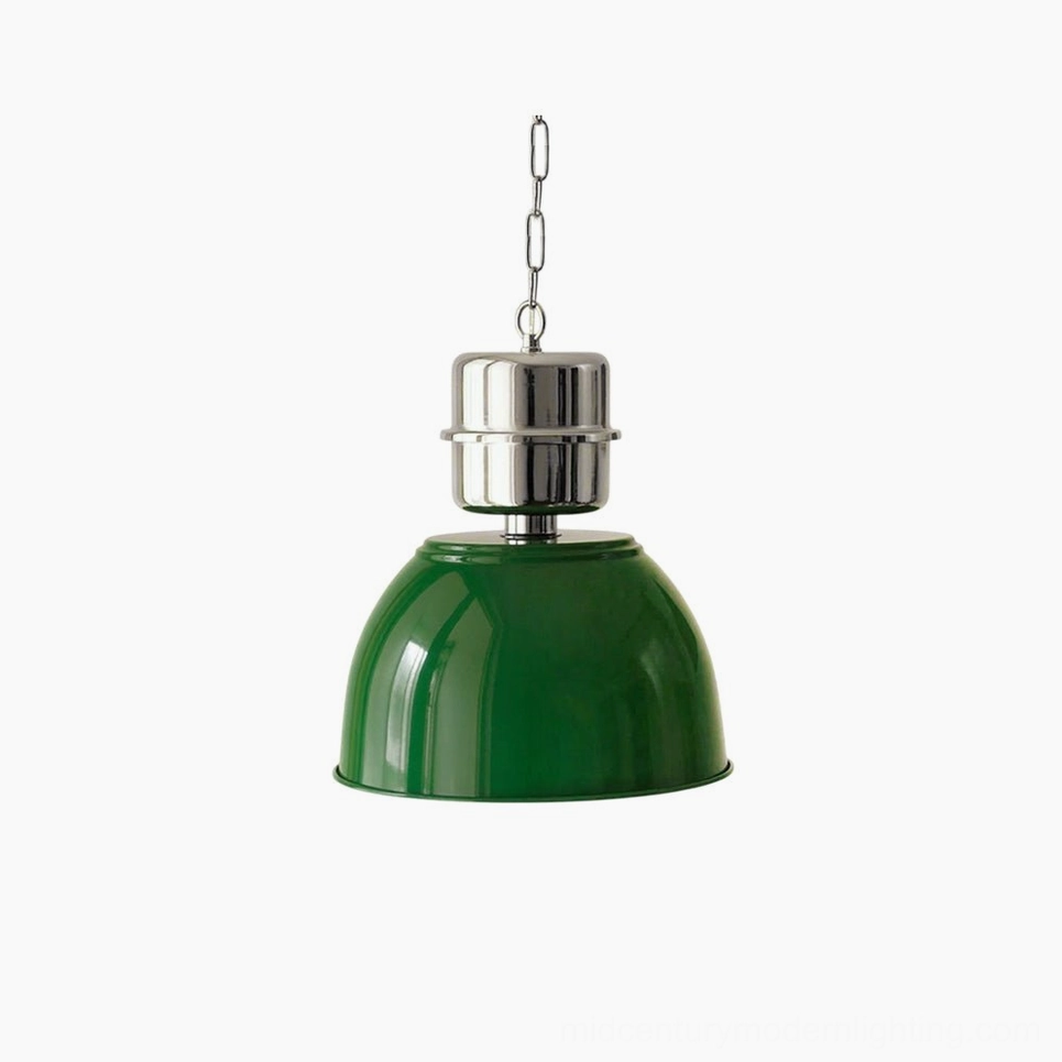 Minisol industrial pendant lamp green shade front view with polished nickel hardware
