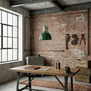 Minisol pendant light in vintage industrial studio apartment with exposed brick wall